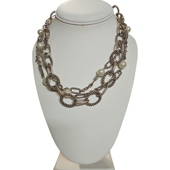Premier Designs Faux Pearl Chain Necklace Antiqued Silver Plated Retired - Picture 1 of 4